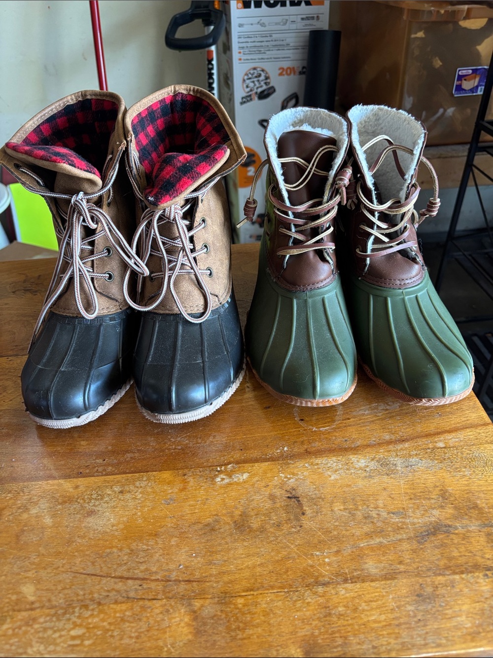 Seven7 Women’s Two-Tone Winter Duck Boots — Black & Green. Both pair for 20 !